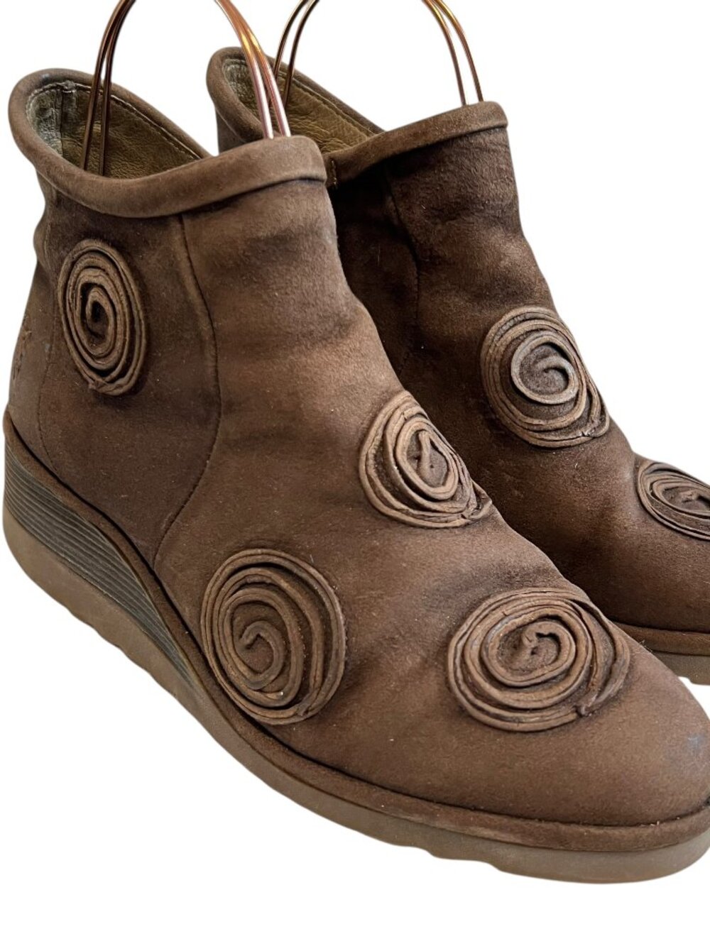 Fly London boots brown suede swirl design zip up booties 40 9 9.5 wedge
